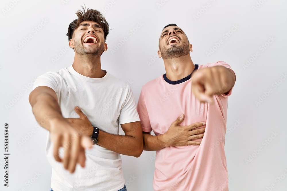 Young gay couple standing over isolated background laughing at you, pointing finger to the camera with hand over body, shame expression Young gay couple standing over isolated background laughing at you, pointing finger to the camera with hand over body, shame expression