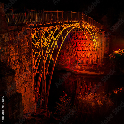 Iron  bridge in Shropshire England. Lit at night. Telford. photo