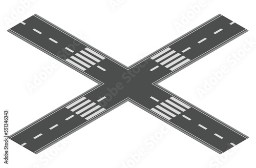 Isometric road element for highway city street map traffic creation. Asphalt part of road or route with cross and junction