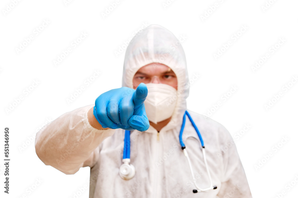Man doctor medic in a protective suit uniform with goggles and face mask, isolated on a white background. Paramedic in white antiviral protective clothing wearing an N95 respirator and safety glasses Man doctor medic in a protective suit uniform with goggles and face mask, isolated on a white background. Paramedic in white antiviral protective clothing wearing an N95 respirator and safety glasses
