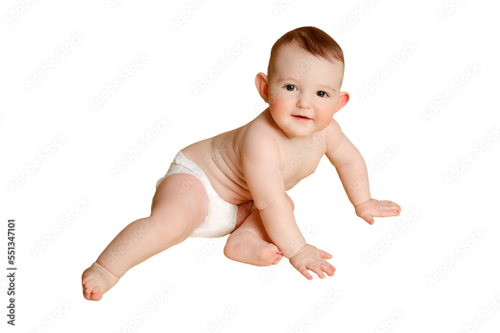 Happy toddler baby sits, isolated on a white background. Funny child boy with a smile on his face, copy space Happy toddler baby sits, isolated on a white background. Funny child boy with a smile on his face, copy space