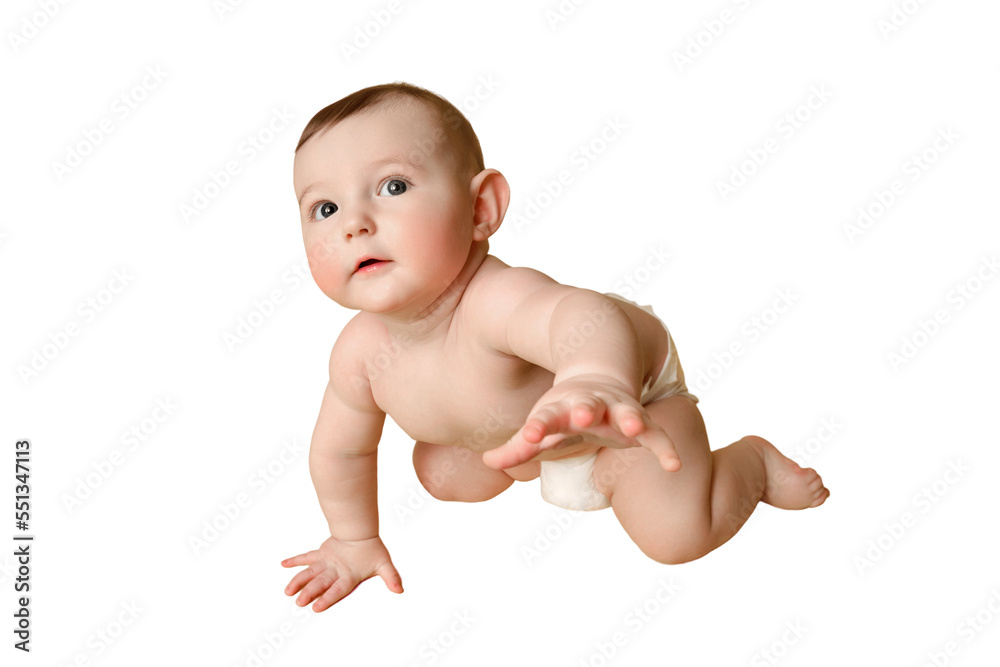 Curious toddler baby crawling, isolated on a white background. Funny child boy with surprise on his face, copy space Curious toddler baby crawling, isolated on a white background. Funny child boy with surprise on his face, copy space