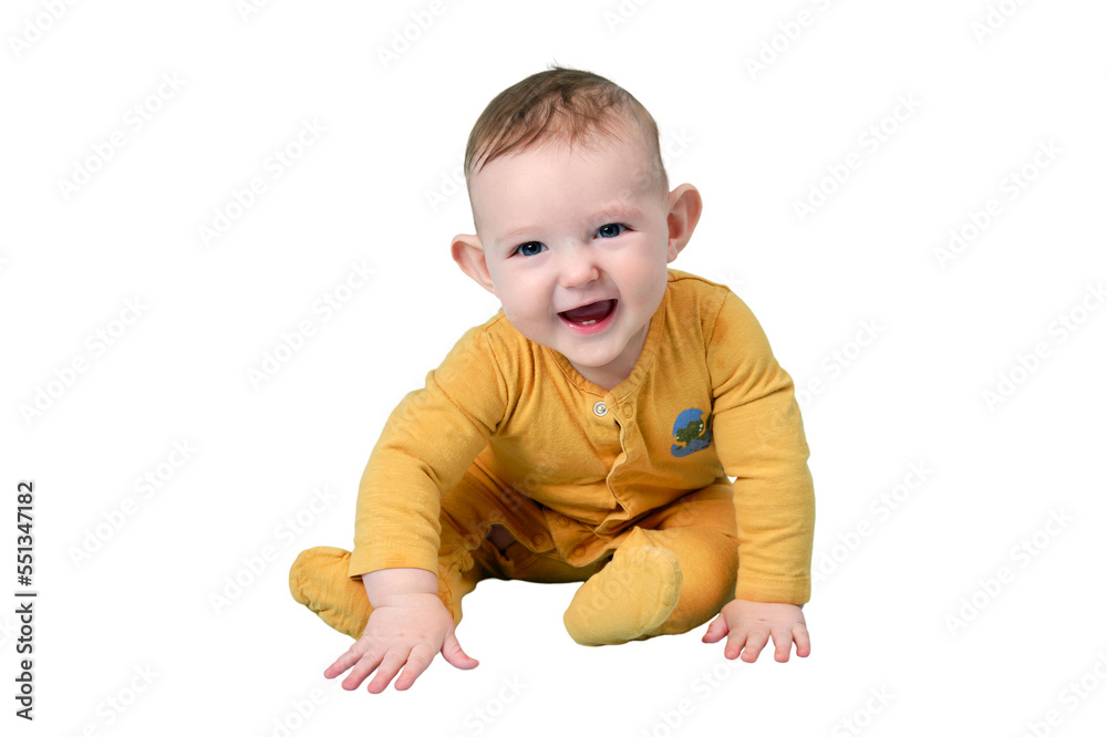 Happy toddler baby plays laughing, isolated on a white background. Funny child boy at the age of six months sits and smiling, copy space