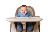 Happy baby sits on a high chair for feeding children, isolated on a white background. Smiling child boy at the age of six months eating while sitting on a high chair, copy space