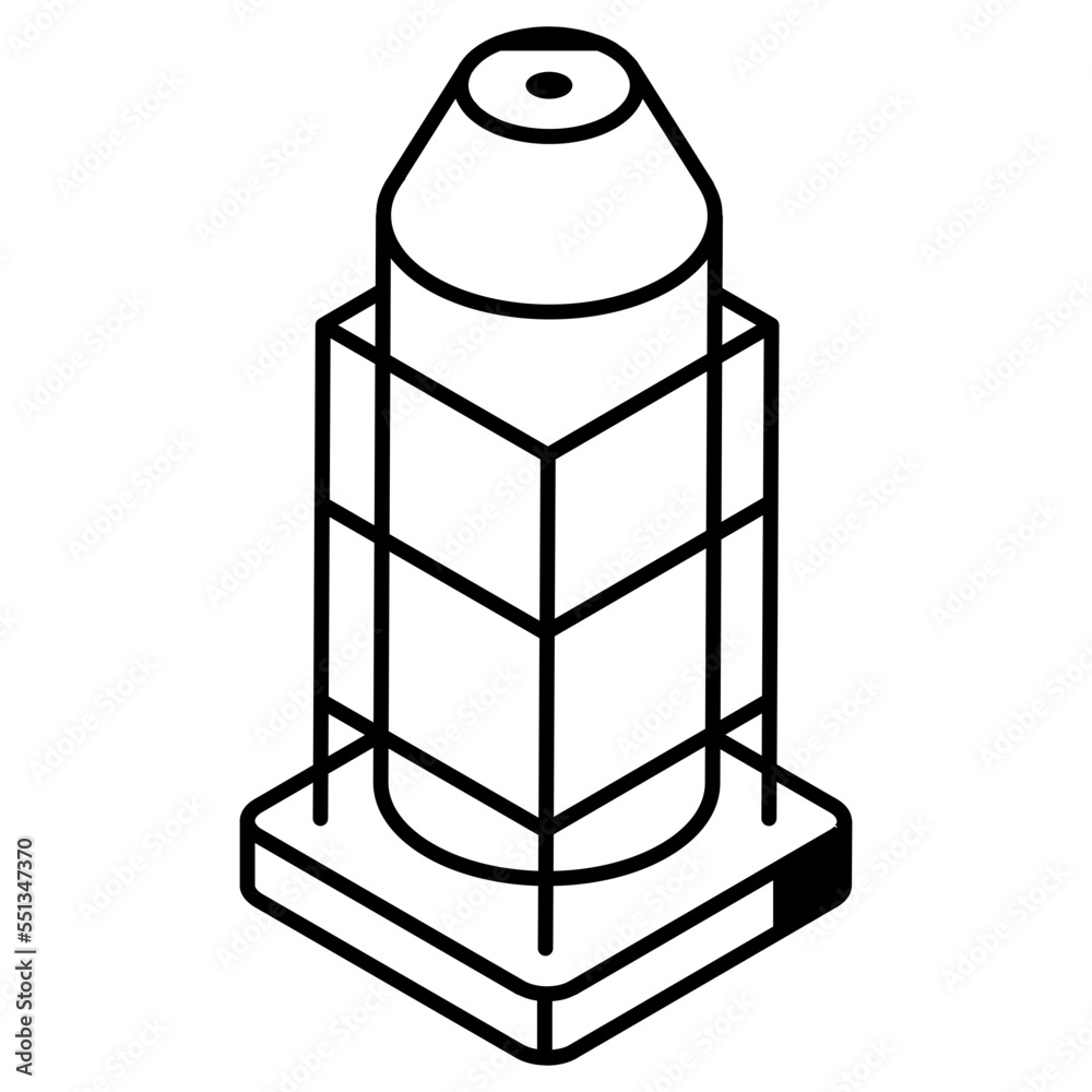 An outline isometric icon of fuel production 