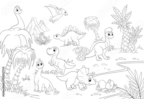 Line dinos on jungle, dinosaur t-rex, palm tree and volcano. Outline pterodactyl flying, cute dino and eggs. Coloring for children template, vector prehistoric cartoon landscape