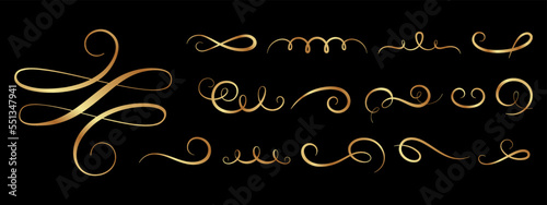 Royal golden vintage swashes. Filigree hand drawn swirls, flourish luxury gold calligraphy design. Invitation, postcards and personal signature vector lettering elements