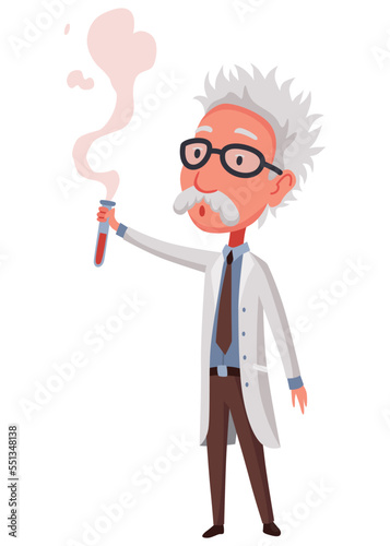 Old scientist holding chemical flask. Funny moustached character wearing glasses and lab coat. Discovery in science. Vector illustration in cartoon style