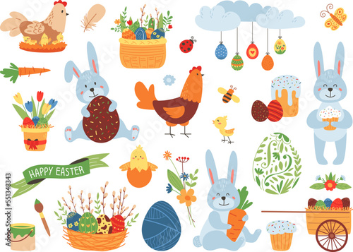 Cute easter cartoon elements. Garden animal, spring flowers decorations. Flat bunny and chicken, infant present seasonal festive classy vector kit