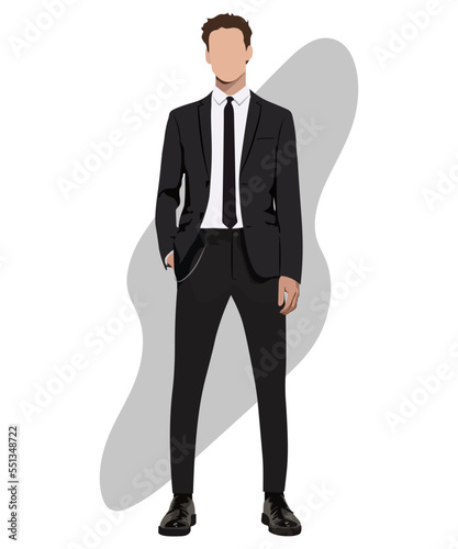 Stylish male businessman in a business suit on an interesting background cartoon male characters. Men in fashion clothes. Flat style vector illustration.