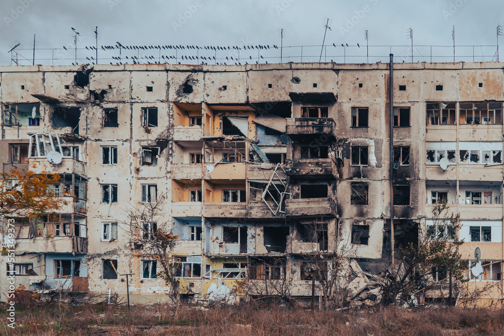 Residential building destroyed by shelling. War in Ukraine
