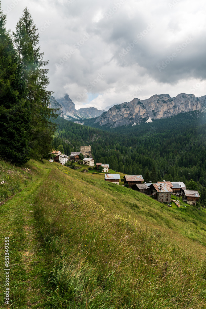 Castello village bellow Passo Falzarego in the Dolomites