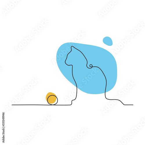 Cat with the toy one line drawing on white isolated background. Vector illustration.  Veterinary clinic  concept, petshop.