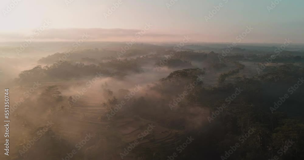 Fog in jungles with rice terraces on sunset. Aerial view, drone footage Fog in jungles with rice terraces on sunset. Aerial view, drone footage