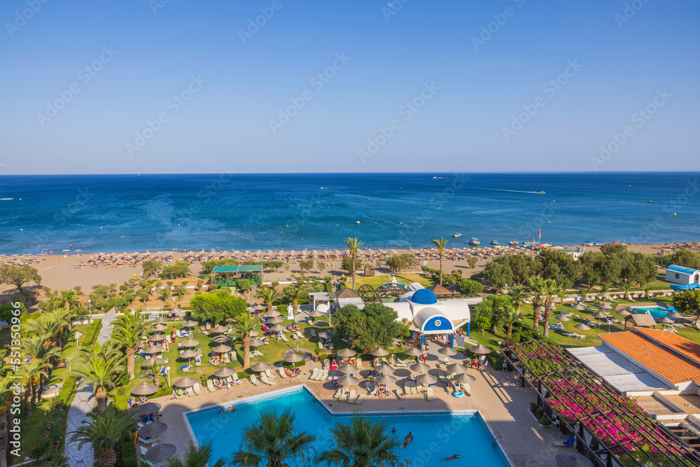 Beautiful panoramic view from above down on  hotel area with pool. Rhodes. Greece. 