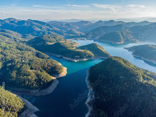 Aerial shot of mountains surrounding Zaovine Lake in Serbia photo
