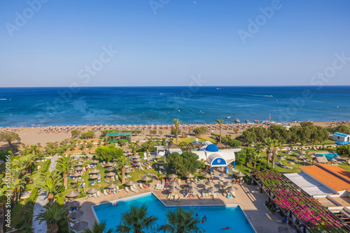 Beautiful panoramic view from above down on hotel area with pool. Rhodes. Greece. 