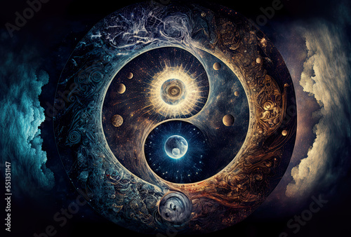 Majestic yin-yang in the universe, spirituality, synchronicity, esoteric, meditation, illustration, generative AI