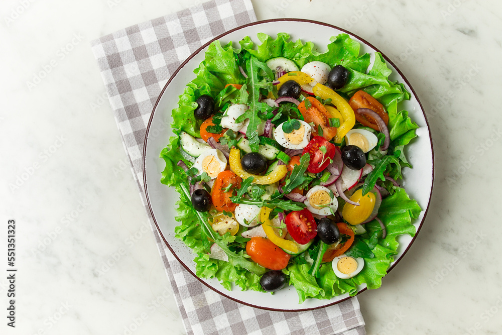 Vegetable salad , with quail eggs and olives, fresh, close-up, no people, Vegetable salad , with quail eggs and olives, fresh, close-up, no people,