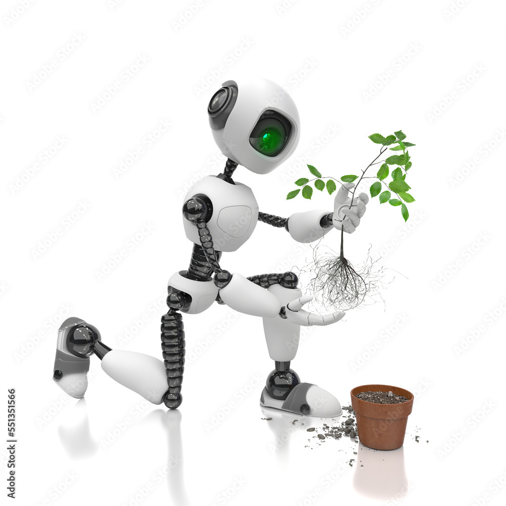 Robot Humanoid Plants A Seedling In A Flowerpot On A White Background