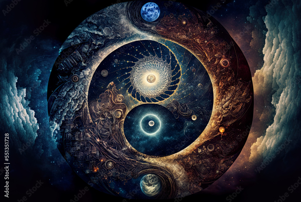 Majestic yin-yang in the universe, spirituality, synchronicity, esoteric, meditation, illustration, generative AI