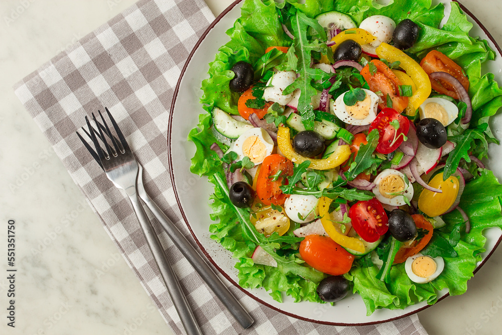 Vegetable salad , with quail eggs and olives, fresh, close-up, no people, Vegetable salad , with quail eggs and olives, fresh, close-up, no people,
