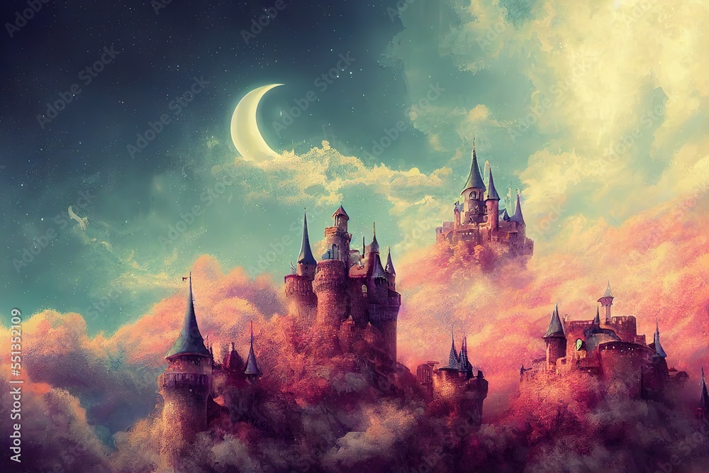 Beautiful castles high above the sky between pink clouds. The best fairytale ever. Heveanly illustration for book. Generative AI