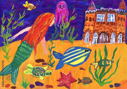 A mermaid sails to an amber palace at the bottom of the sea. Children's drawing