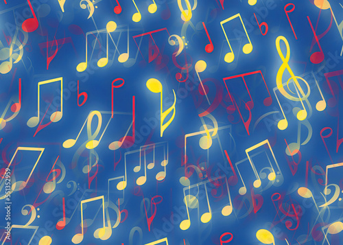 A pleasant pattern of mixed musical notes and symbols, some in focus, some others blurred. Red and yellow shapes on a blue background. 
