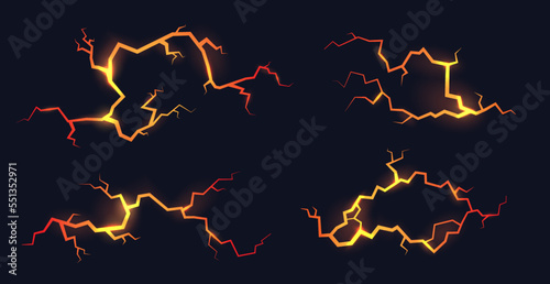 Glowing cracks. Volcanic crack, liquid molten lava or glow magma, stone break red fissure effect on rock surface, broken hell floor earthquake power, garish vector illustration
