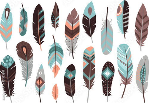 Colored feathers vector icons isolated on white background. Various bright abstract feathers. Different shapes colorful trendy illustration