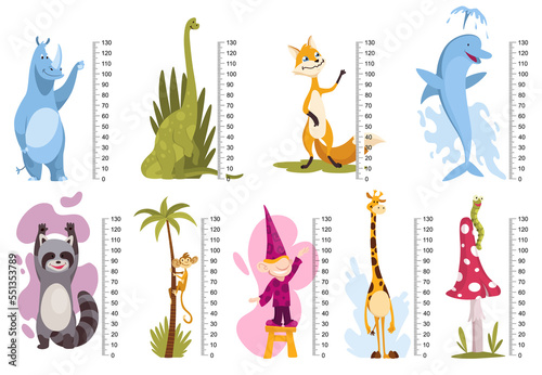 Height measure with growth rulers chart and cute cartoon animals. Funny kids meter, wall scale from 0 to 130 centimeter to measure growth. Children room wall stickers as interior decor