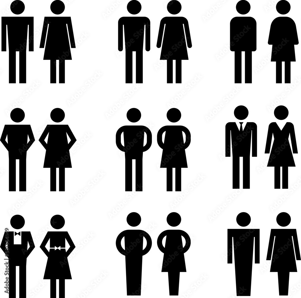 Public toilet vector signs. Woman and man hygiene washrooms symbols. Black ladies and gentlemen wc restroom door pictograms Public toilet vector signs. Woman and man hygiene washrooms symbols. Black ladies and gentlemen wc restroom door pictograms