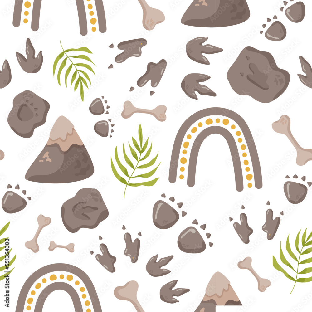 Dinosaur seamless pattern footprint tracks. Minimal color background with paw, stones, rainbow. Dinosaur footprint seamless pattern perfect for textile, wrap and wallpaper and design.