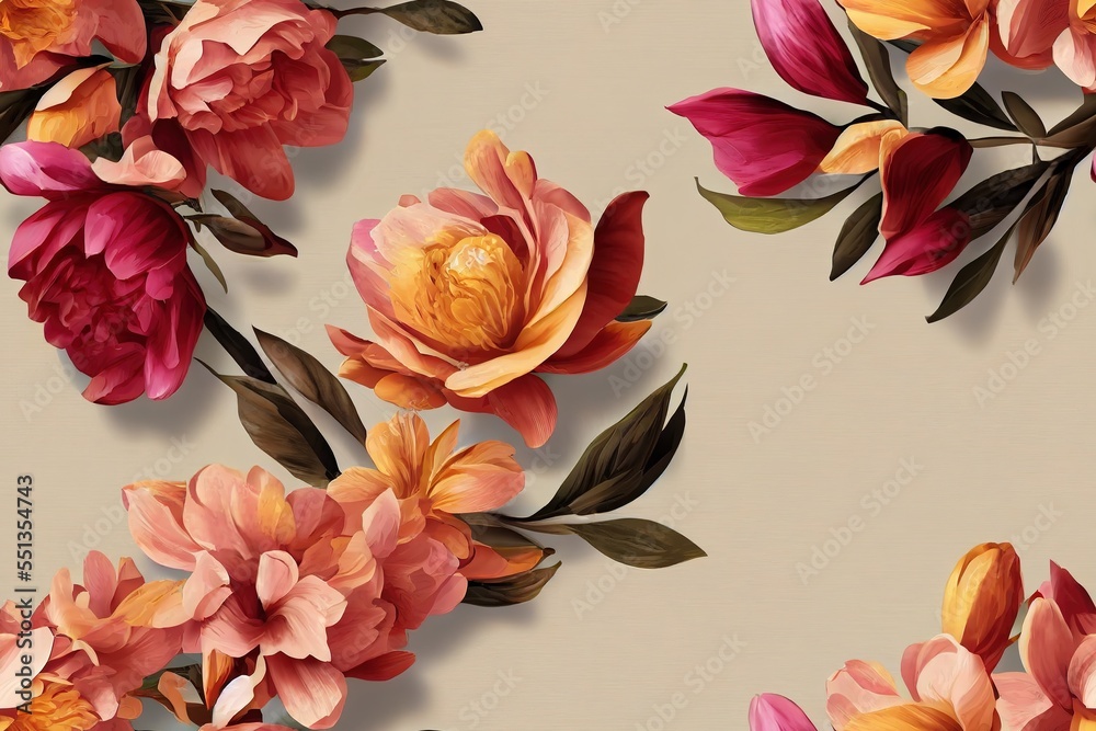 romantic peony bouquet pattern. repeat pattern for wallpaper, paper packaging, textile, curtains, duvet covers, print design. Generative AI