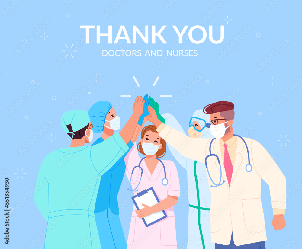 Doctors giving five. Medicals team give 5, happy teamwork congratulations doctor with successful surgery, clinic worker in mask and glove hand highfive, swanky vector illustration Doctors giving five. Medicals team give 5, happy teamwork congratulations doctor with successful surgery, clinic worker in mask and glove hand highfive, swanky vector illustration