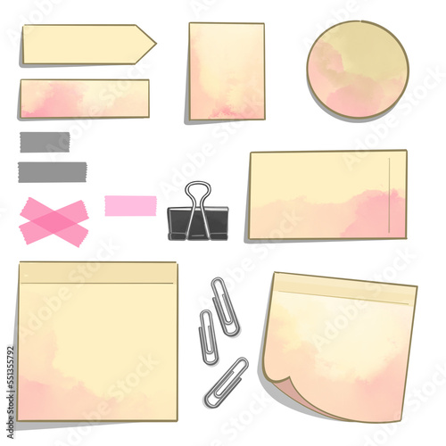Handgezeichnete Post-it Zettel, Notizzettel, Washitape, Klebestreifen und Pins - Büro Sammlung - Teil 4 - Gelb Duo Rosa - Wasserfarben - Cutout Illustration / Zeichnung