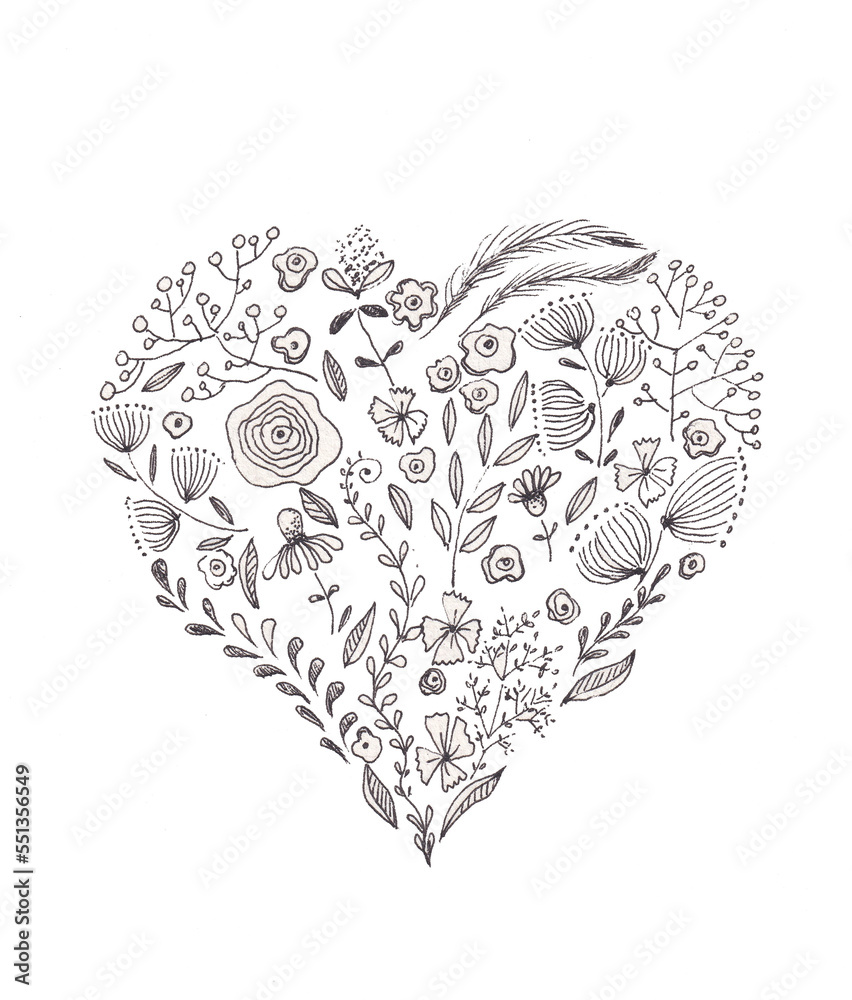 Fototapeta premium Heart with flowers. Vintage floral ornament on white. Sweet and sincere sentiments, love and soul.