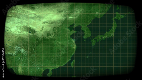 Intentional distortion: an old color CRT TV monitor, showing a static satellite view of the Far East. Concepts: surveillance, global communications, old-timey spy story.
