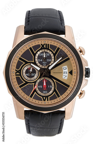 Men wrist watch with gold and leather watch band on transparent png background