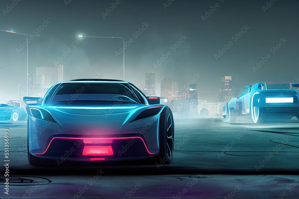 Naklejka premium background with futuristic neon cars, super fast modern car concept