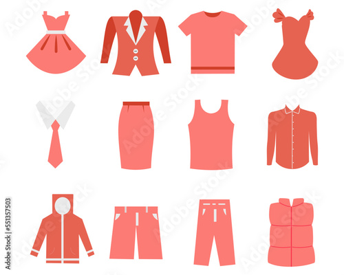 Clothes collection. Different types of pants, jacket, shirt, shorts, skirts, frock and dresses, isolated on white background