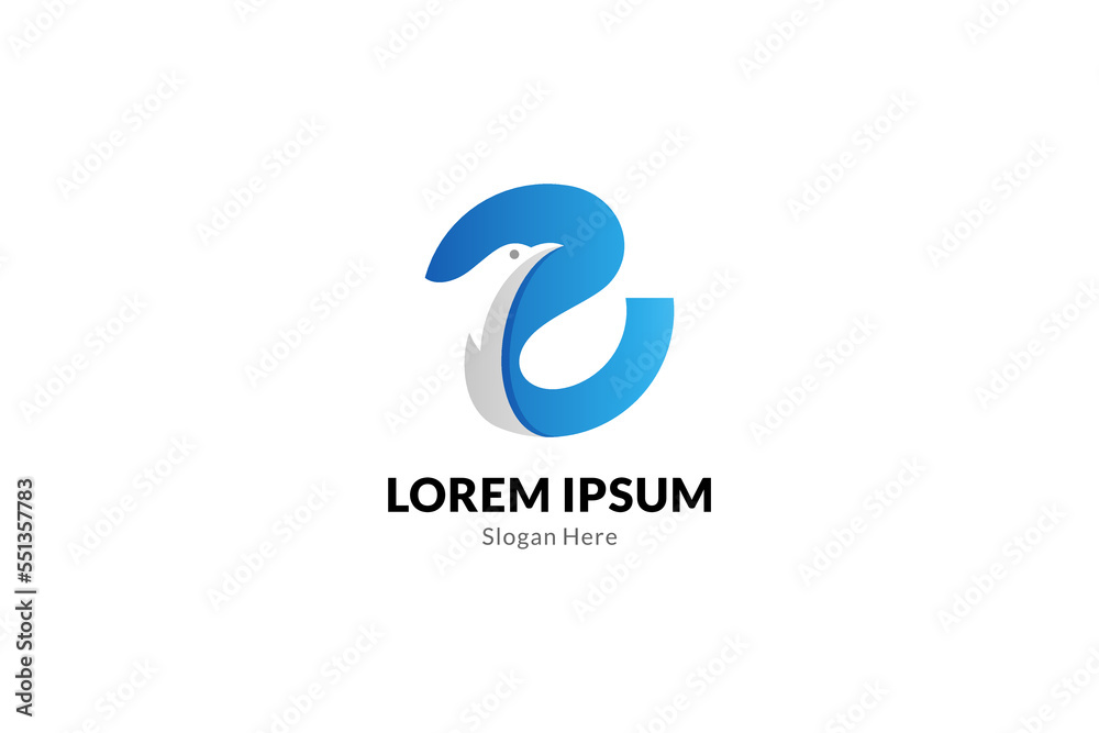 Initial letter E logo with eagle combination in blue color simple flat design Initial letter E logo with eagle combination in blue color simple flat design