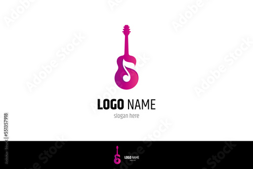 Acoustic guitar logo with musical tone symbol suitable for music, music studio, music concert