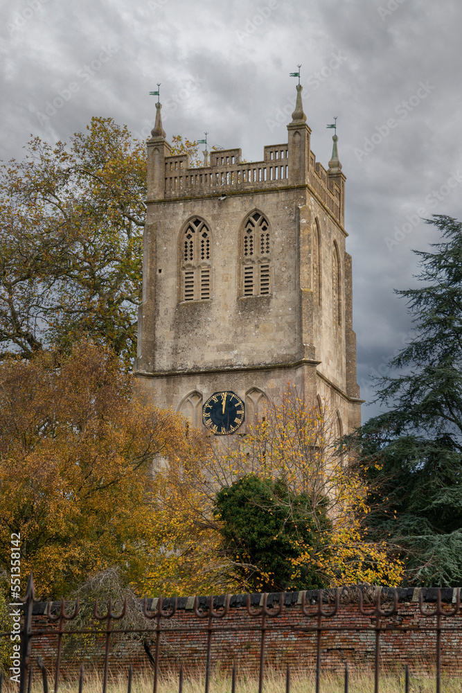 The tower of the 13th Century church of St Mary The Virgin at Berkeley, Gloucestershire, United Kingdom