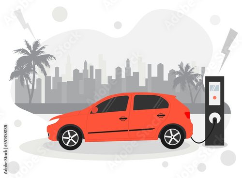 Fototapeta Naklejka Na Ścianę i Meble -  Electric red car charging its battery with natural landscape. Vector illustration in flat style.