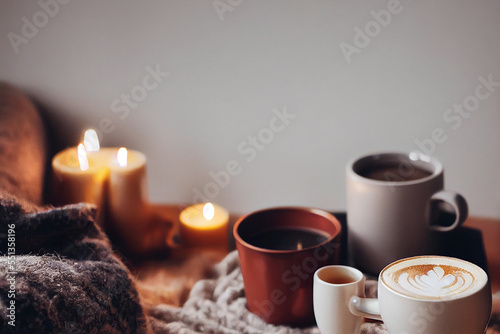 Hygge background, cozy, room, comfort Hot coffee warm blanket garland Swedish Hygge 