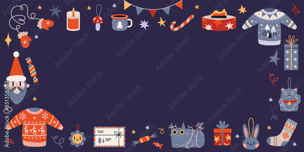 Horizontal banner, frame with place for text with Christmas attributes, cartoon style. Traditional winter holidays symbols on a dark blue background. Trendy modern vector illustration, flat