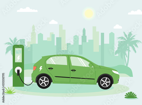 Electric green car charging its battery with natural landscape. Vector illustration in flat style.