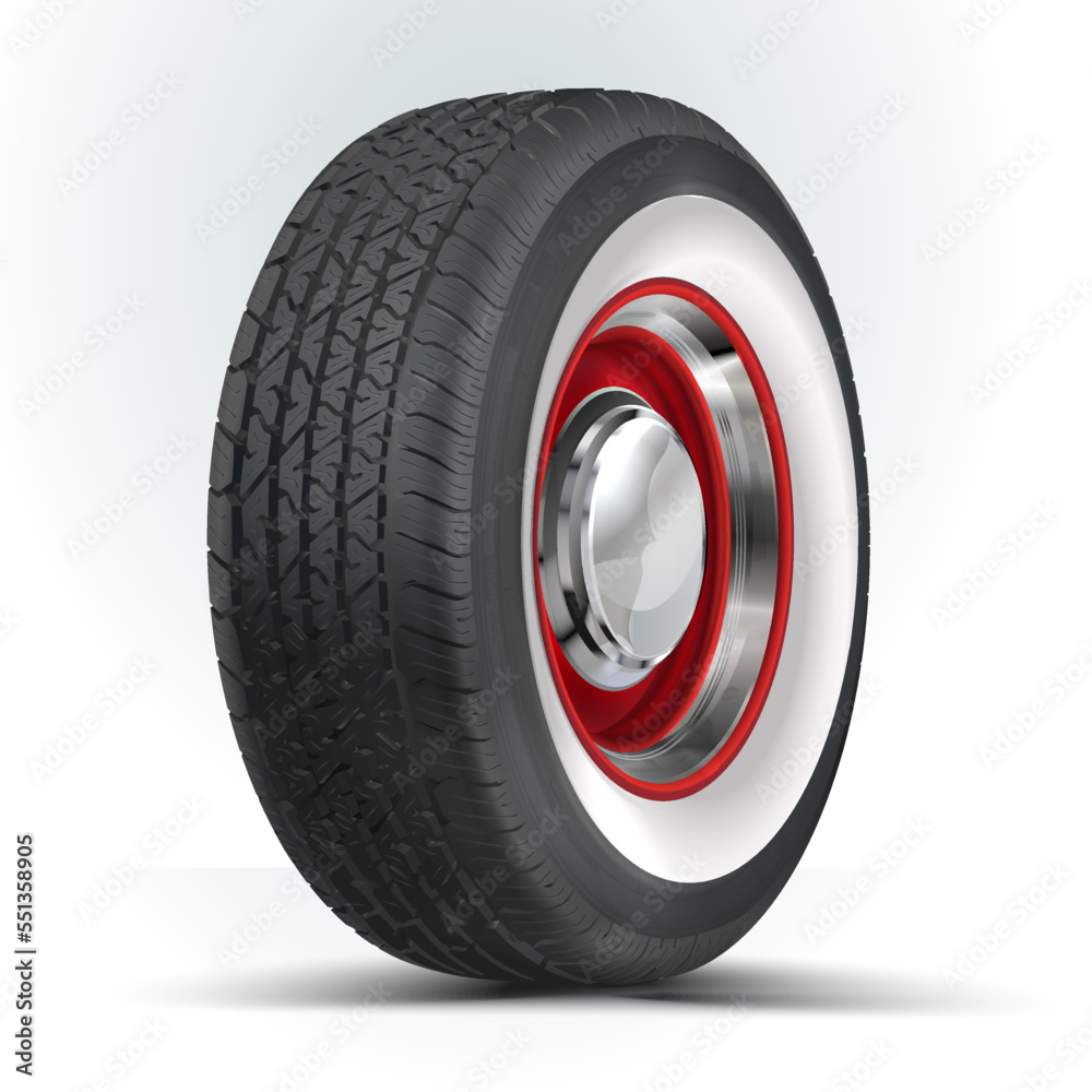 Realistic shining disk car wheel tyre isolated on white background vector illustration. Vector wheel icon. Tire shop, tyres change auto service. Retro car wheel with red rim.